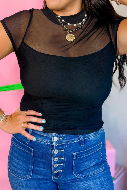 Thumbnail: Black Sheer Mesh Patchwork Cap Sleeve T Shirt