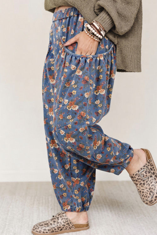 Thumbnail: Beau Blue Retro Floral Print Elastic Waist Pocketed Barrel Jeans