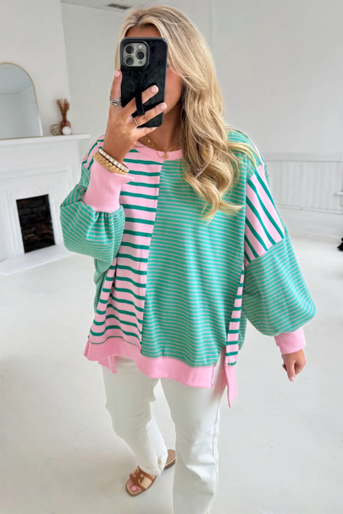 Thumbnail: Green Stripe Colorblock Patchwork Side Split Sweatshirt