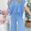 Thumbnail:  Sky Blue 2-tone Colorblock Patchwork Corded 2pcs Outfit
