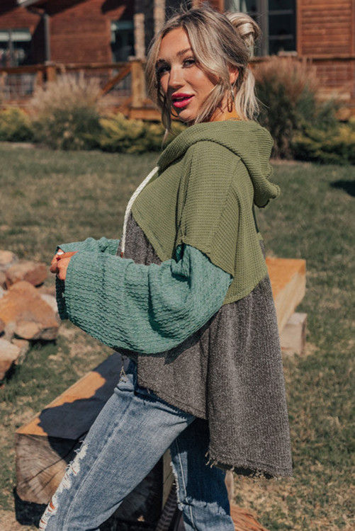 Thumbnail: Laurel Green Waffle Knit Patchwork Drawstring Hooded Top