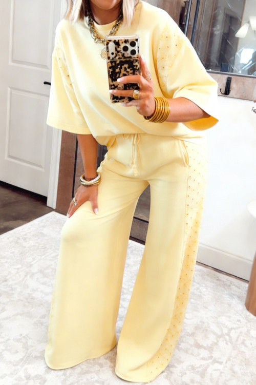 Thumbnail: Yellow Cream Solid Color Eyelet Lace Patchwork Oversize Tee Drawstring Loose Pan