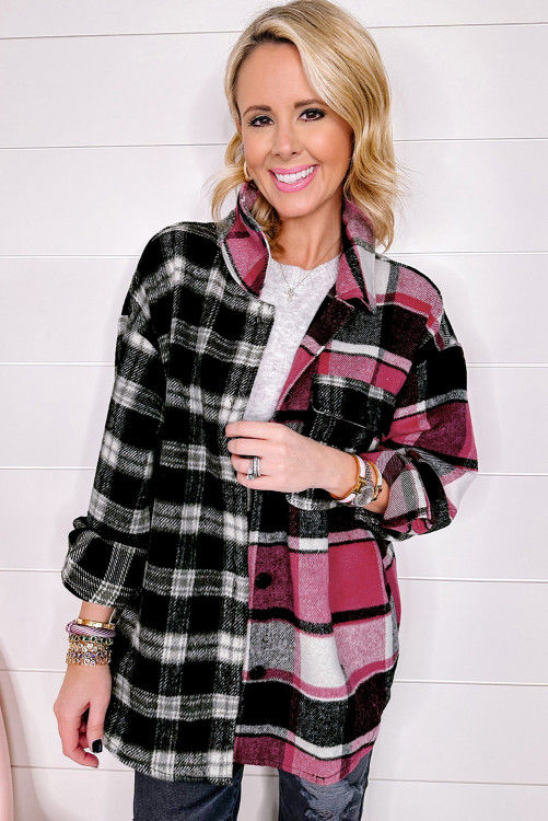 Thumbnail: Black Plaid Colorblock Loose Shacket