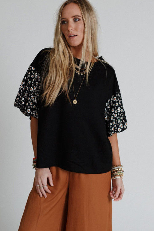 Thumbnail: Black Contrast Floral Puff Sleeve Oversized Top