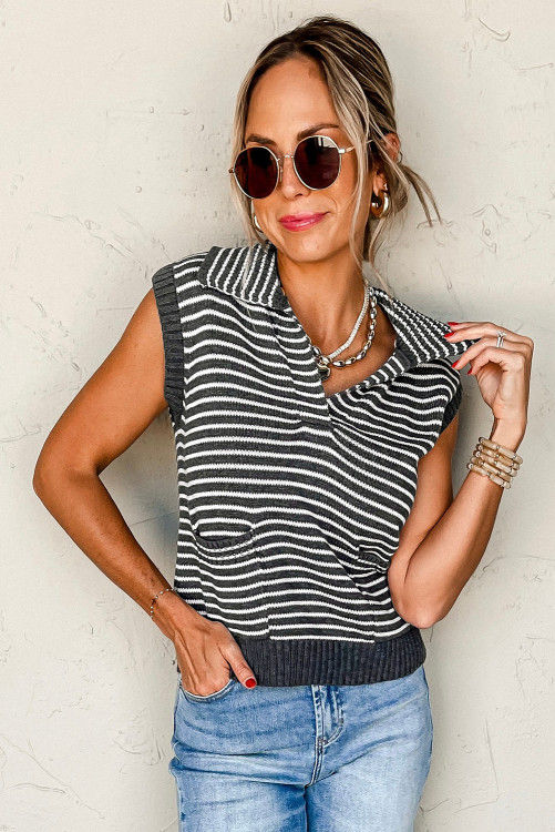 Thumbnail: Gray Stripe Collared V Neck Sweater Vest with Pockets