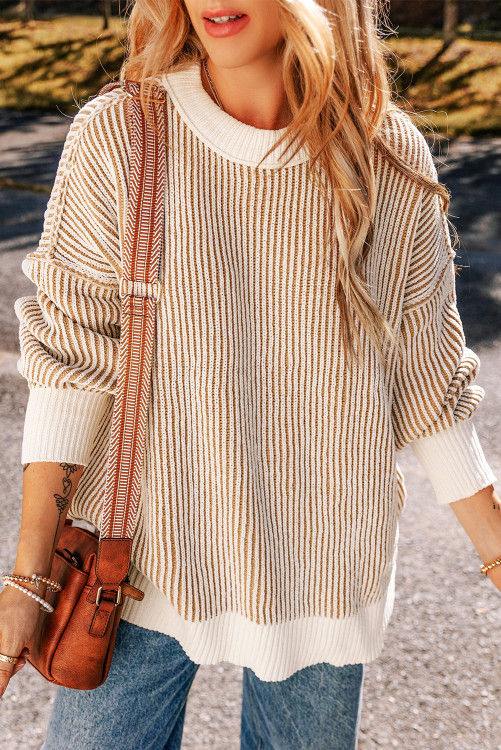 Thumbnail: Striped Textured Knit Contrast Edge Loose Sweater