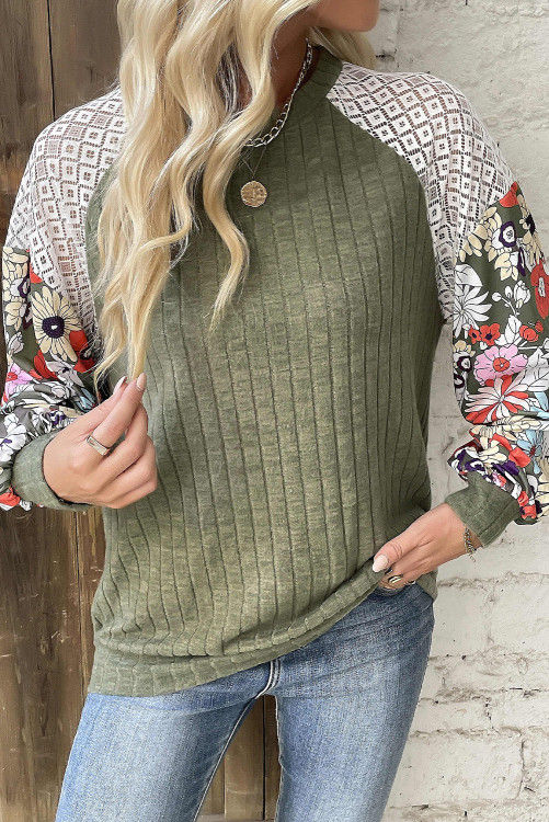Thumbnail: Green Floral Patchwork Long Sleeve Ribbed Blouse