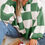 Thumbnail: Mist Green Checkered V-Neck Collared Pullover Sweater