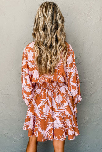 Thumbnail: Brown Floral Puff Sleeve Smocked Waist Layered Dress