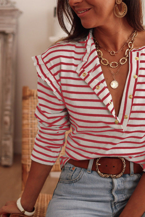 Thumbnail: Red Striped Print Ruffled Buttoned Long Sleeve Top