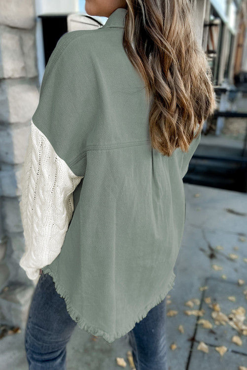 Thumbnail: Green Cable Knit Sleeve Raw Hem Shacket