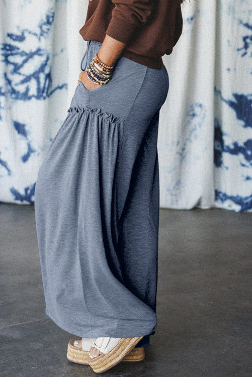 Thumbnail: High Frilled Detail Wide Leg High Waist Knit Pants