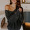 Thumbnail: Black Mineral Wash V Neck Knit Exposed Seam Drop Shoulder Loose Sweater