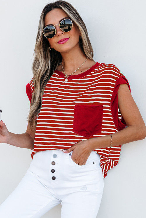 Thumbnail: Red Stripe Chest Pocket Patch Round Neck Tank Top