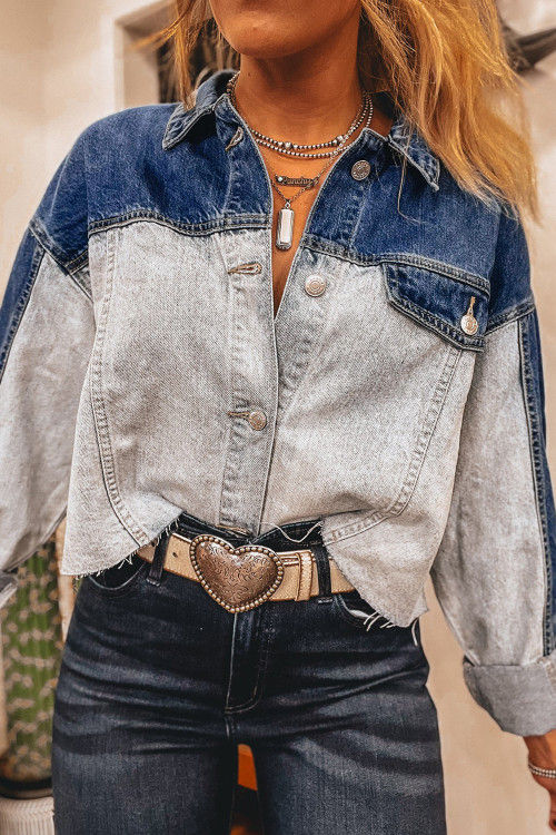 Thumbnail: Dusk Blue Color Block Patchwork Flap Detail Distress Denim Jacket