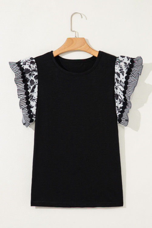 Thumbnail: Black Ricrac Trim Printed Flutter Sleeve Contrast Patchwork Blouse