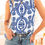 Thumbnail: Blue Vintage Print Pintuck Crew Neck Tank Top