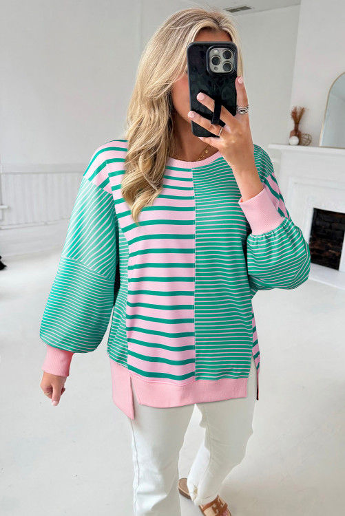 Thumbnail: Green Stripe Colorblock Patchwork Side Split Sweatshirt