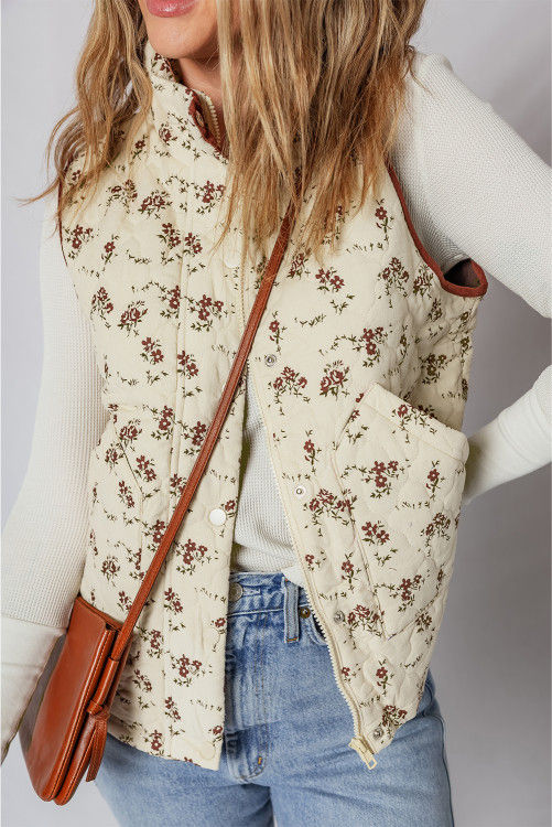 Thumbnail: Apricot Floral Print Zip Up Quilted Vest