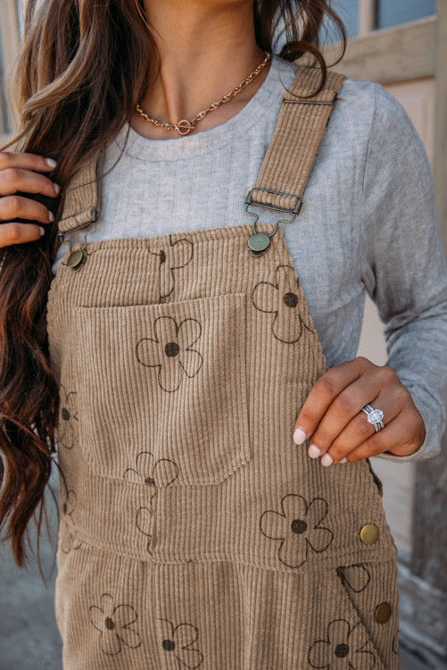 Thumbnail: Khaki Flower Print Corduroy Overalls