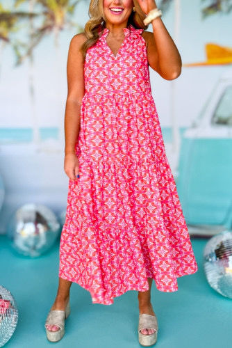 Thumbnail: Pink Floral Print Frilly Neck Sleeveless Tiered Maxi Dress
