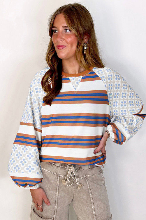 Thumbnail: White Striped Floral Printed Patchwork Lantern Sleeve Blouse