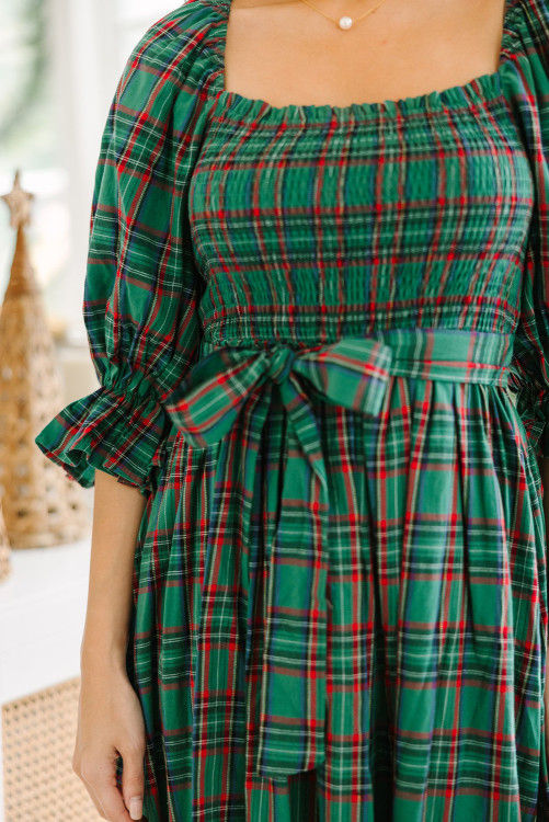Thumbnail: Green Tartan Plaid Square Neck Puff Sleeve Knot Waist Flared Midi Dress