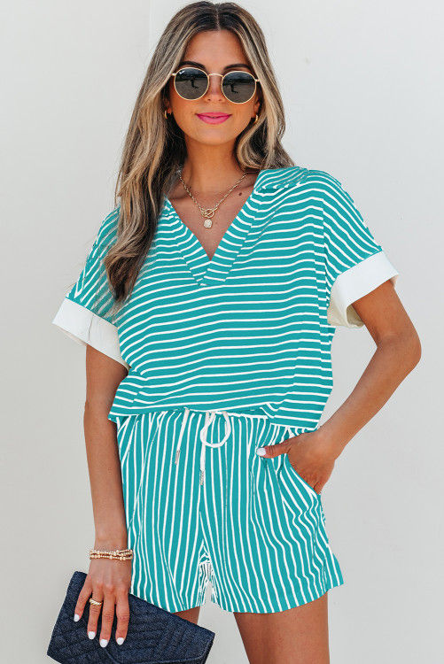 Thumbnail: Sky Blue Stripe V Neck Tee and Casual Short Set