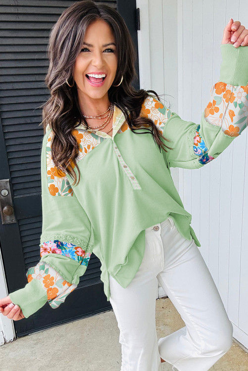 Thumbnail: Clearly Aqua Lace Floral Patchwork Half Button Hooded Pullover