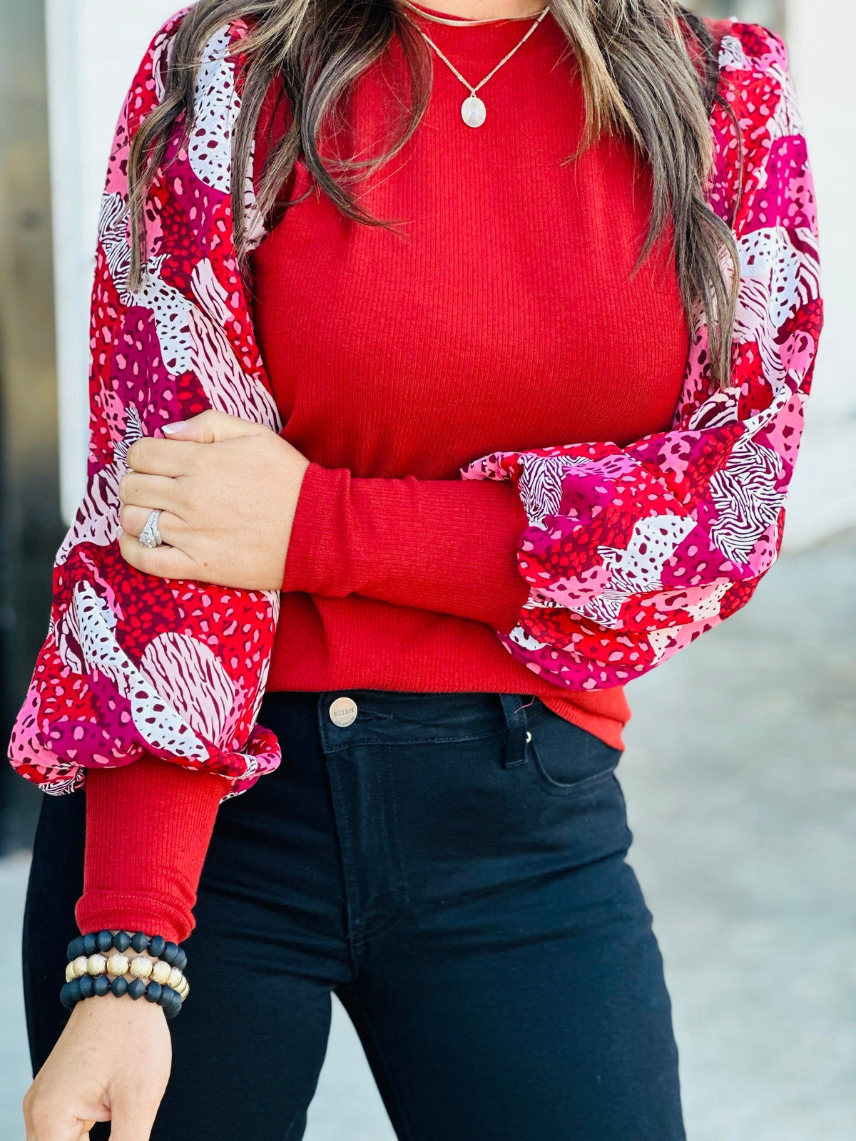 Fiery Red Contrast Mixed Animal Print Lantern Sleeve Patchwork Top