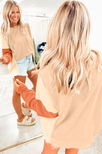 Thumbnail: Beige Color Block Patchwork Split Hem Casual Sweatshirt
