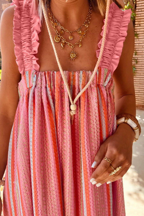 Thumbnail: Pink Stripe Ruffled Straps Ribbon Knot Flowy Vacation Maxi Dress