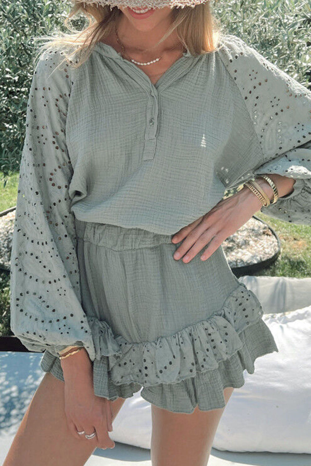 Mist Green Ruffle Blouse & Short Set