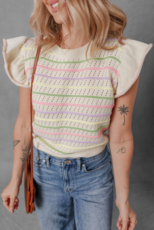 Thumbnail: Oatmeal Colorful Striped Eyelet Knit Ruffled Sleeve Sweater T Shirt