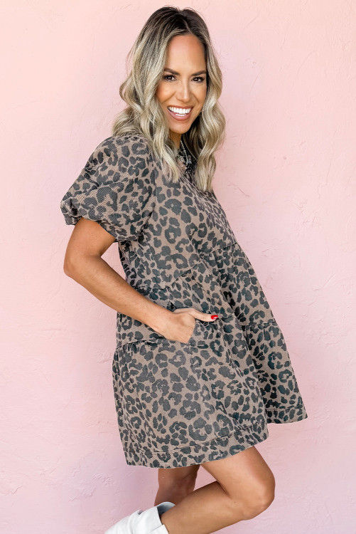 Thumbnail: Brown Denim Leopard Printed Short Puff Sleeve Mini Dress