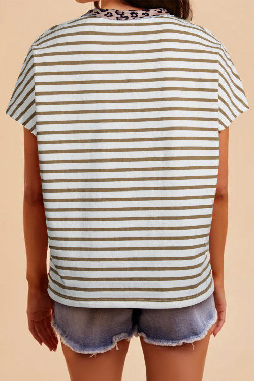 Thumbnail: Khaki Stripe Leopard Patchwork Round Neck Loose T Shirt