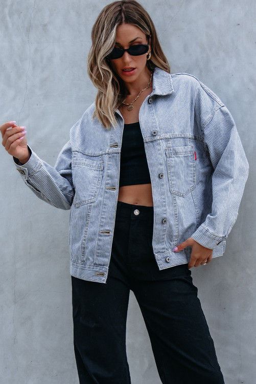 Thumbnail: Sky Blue Stripe Washed Oversize Pocketed Denim Jacket