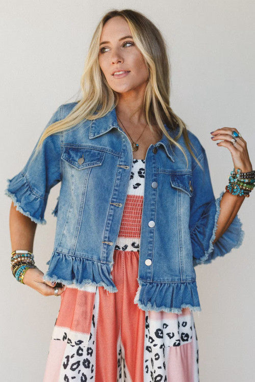 Thumbnail: Blue Ruffle Hem Raw Edge Half Sleeve Western Denim Jacket