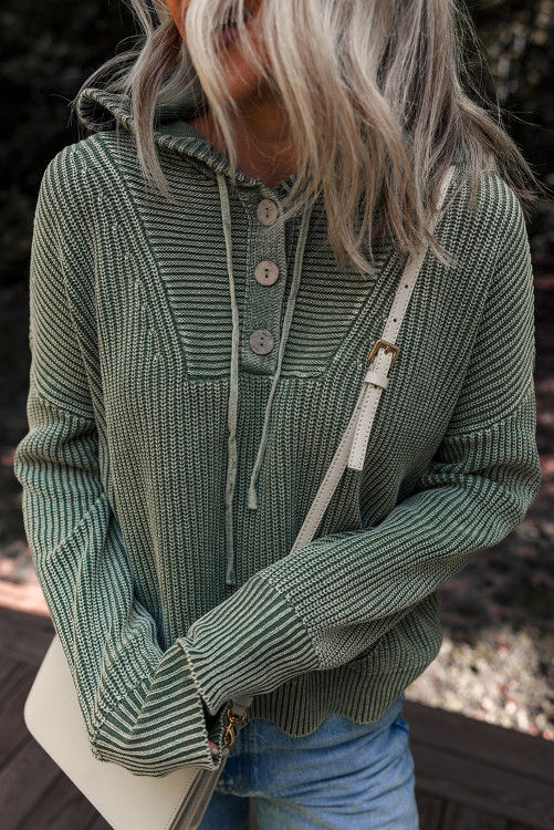 Thumbnail: Mist Green Mineral Wash Ribbed Knit Button Drawstring Neck Hooded Sweater