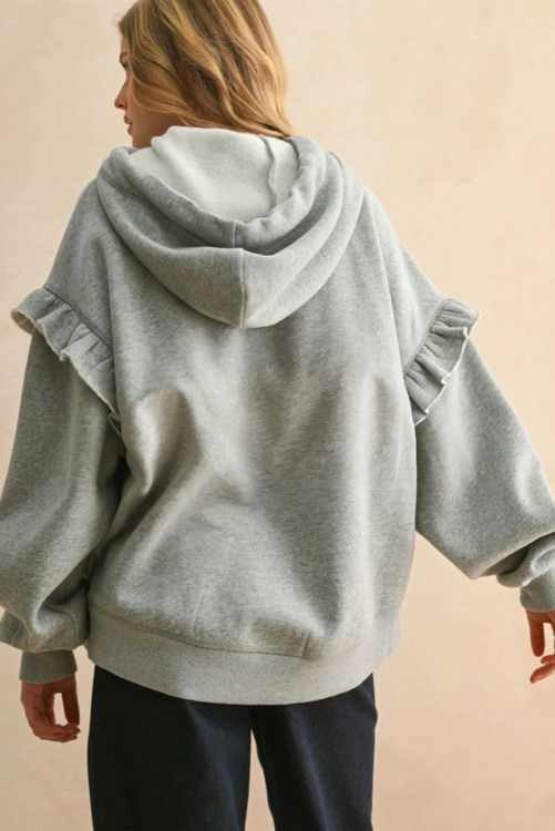 Thumbnail: Gray Contrast Rope Drawstring Ruffle Trim Drop Shoulder Baggy Hoodie