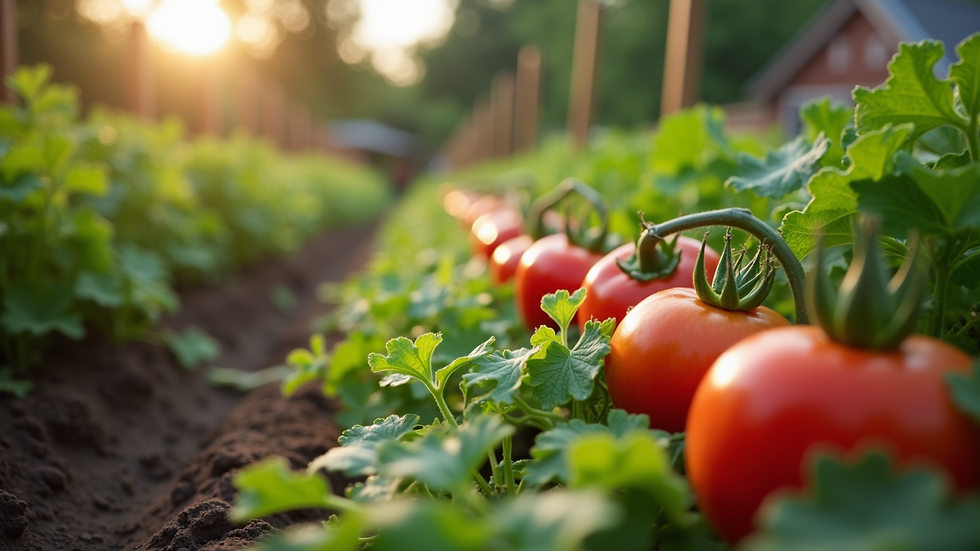Eye-level view of a community garden with blooming vegetables