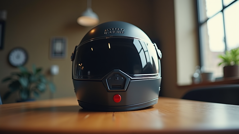 Eye-level view of a motorcycle helmet resting on a wooden table