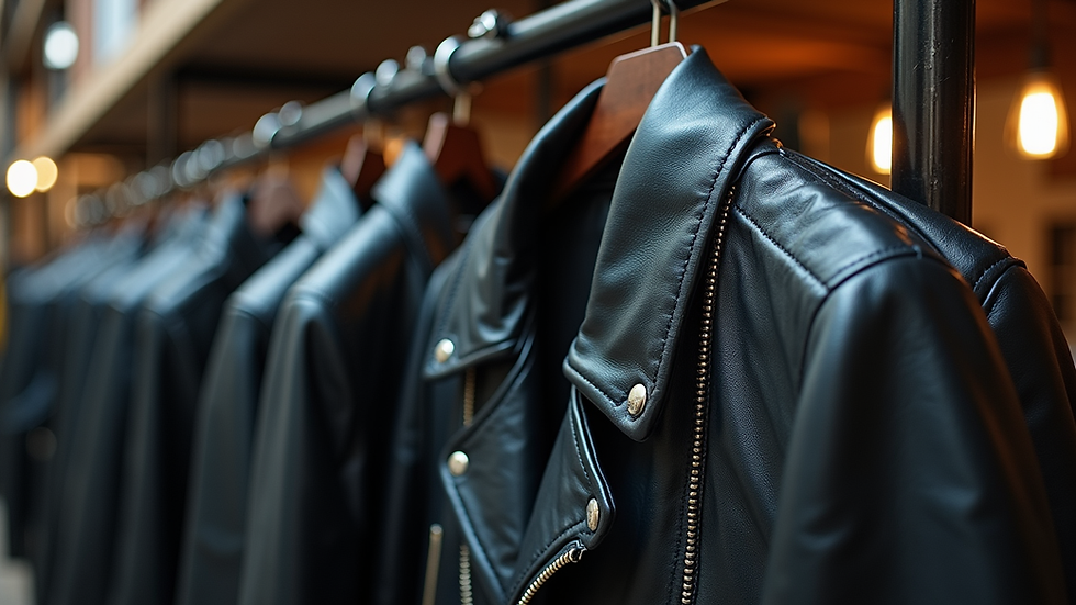 Eye-level view of a leather Harley Davidson jacket hanging on a rack