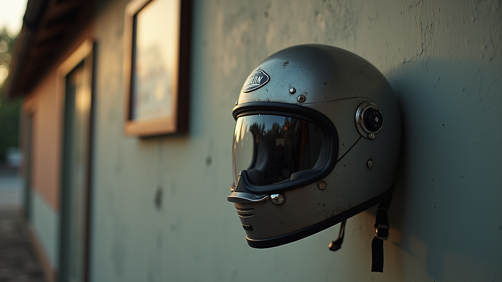 Eye-level view of a vintage motorcycle helmet hanging on a wall