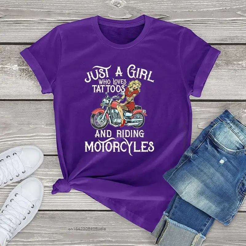 Thumbnail: Womens Cotton Tshirts Just a Girl Who Loves Tattoos and Motorcycles