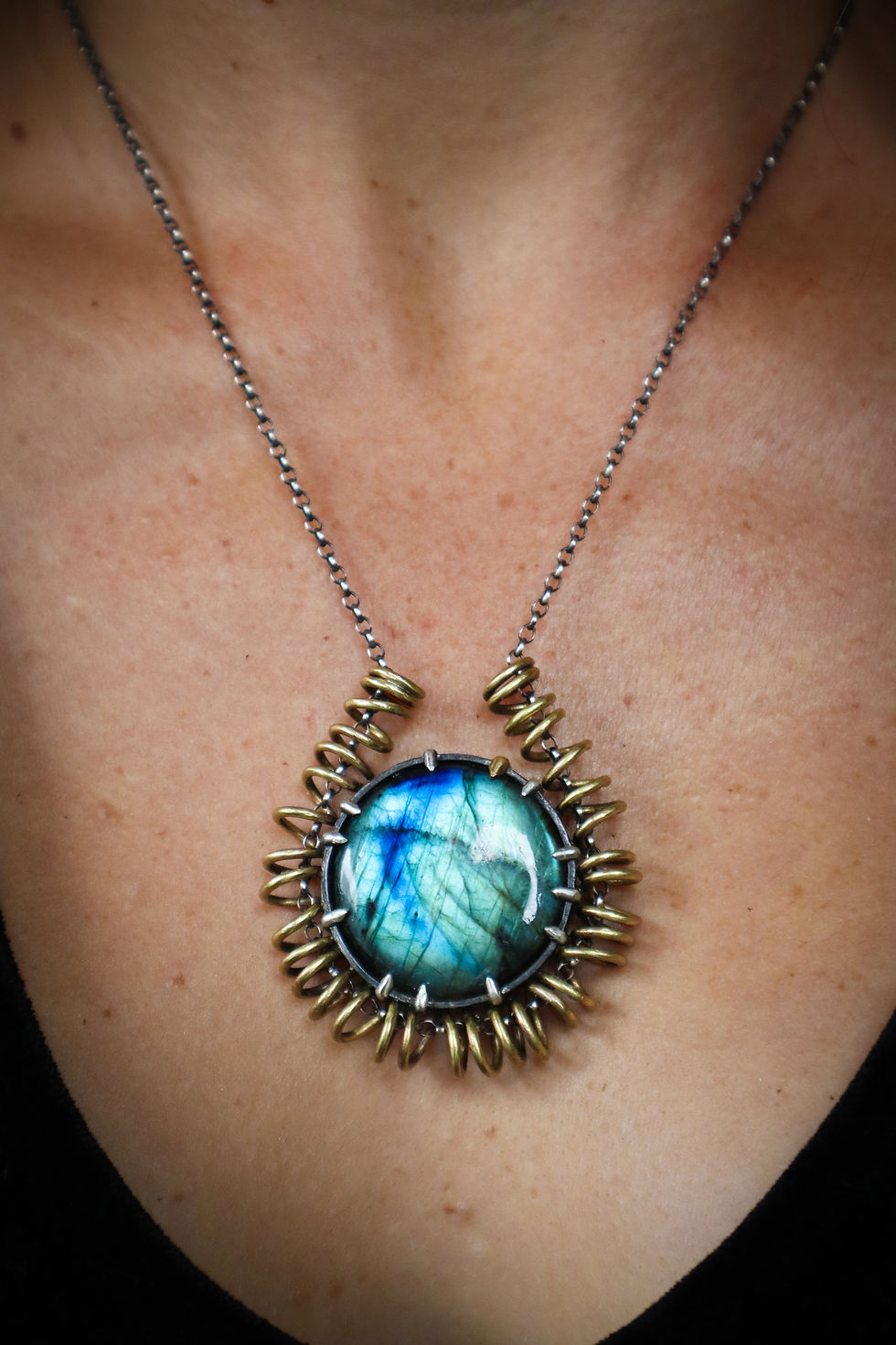 Thumbnail: Circular Truth / Labradorite, sterling Silver, & Brass pendant + chain