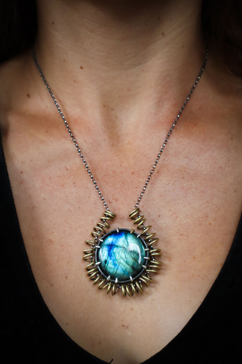 Thumbnail: Circular Truth / Labradorite, sterling Silver, & Brass pendant + chain