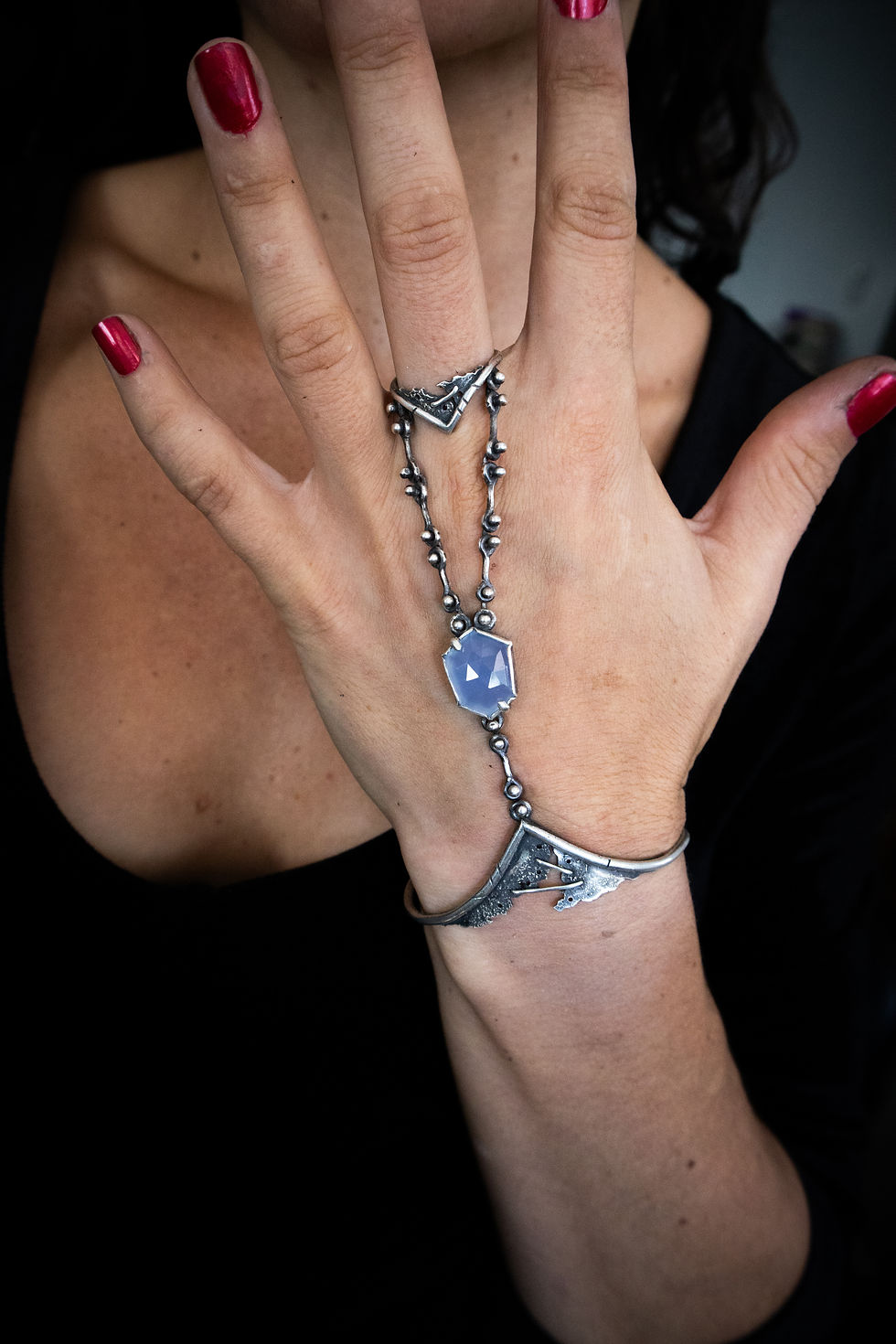 Thumbnail: Lavender Chalcedony Hand Chain / Ring + Bracelet +Chain
