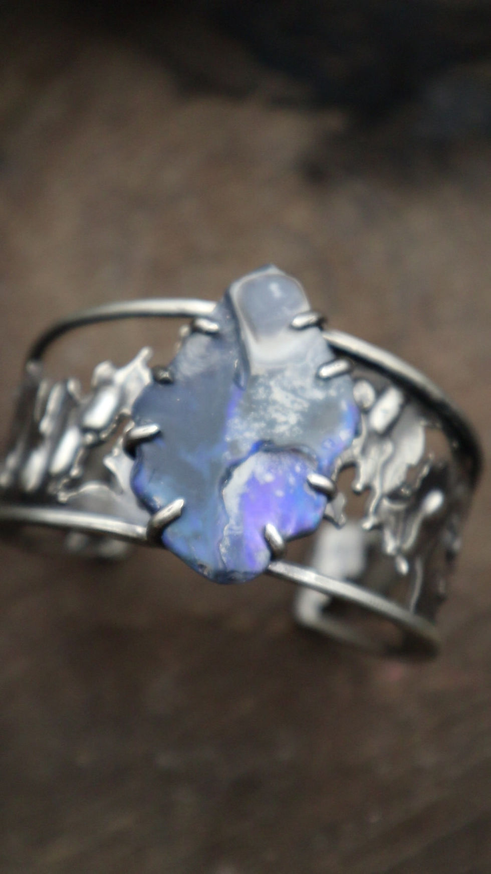 Thumbnail: Rough Lightning / Rough Lightning Ridge Opal & Sterling Silver Cuff