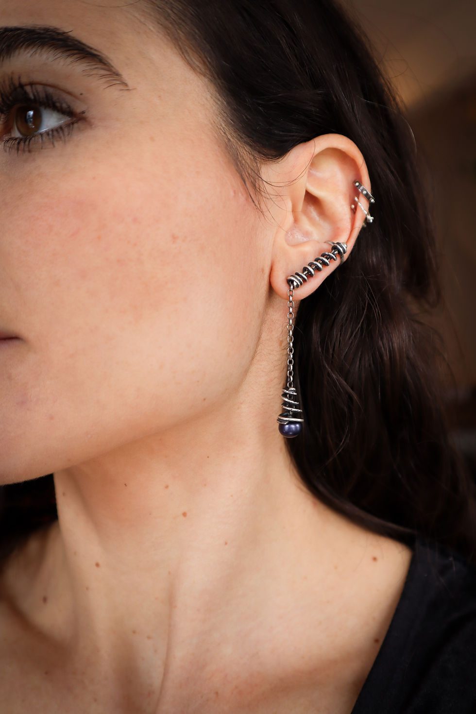 Thumbnail: Black Pearl Ear Climber/Drop Stud Combo - Sterling Silver